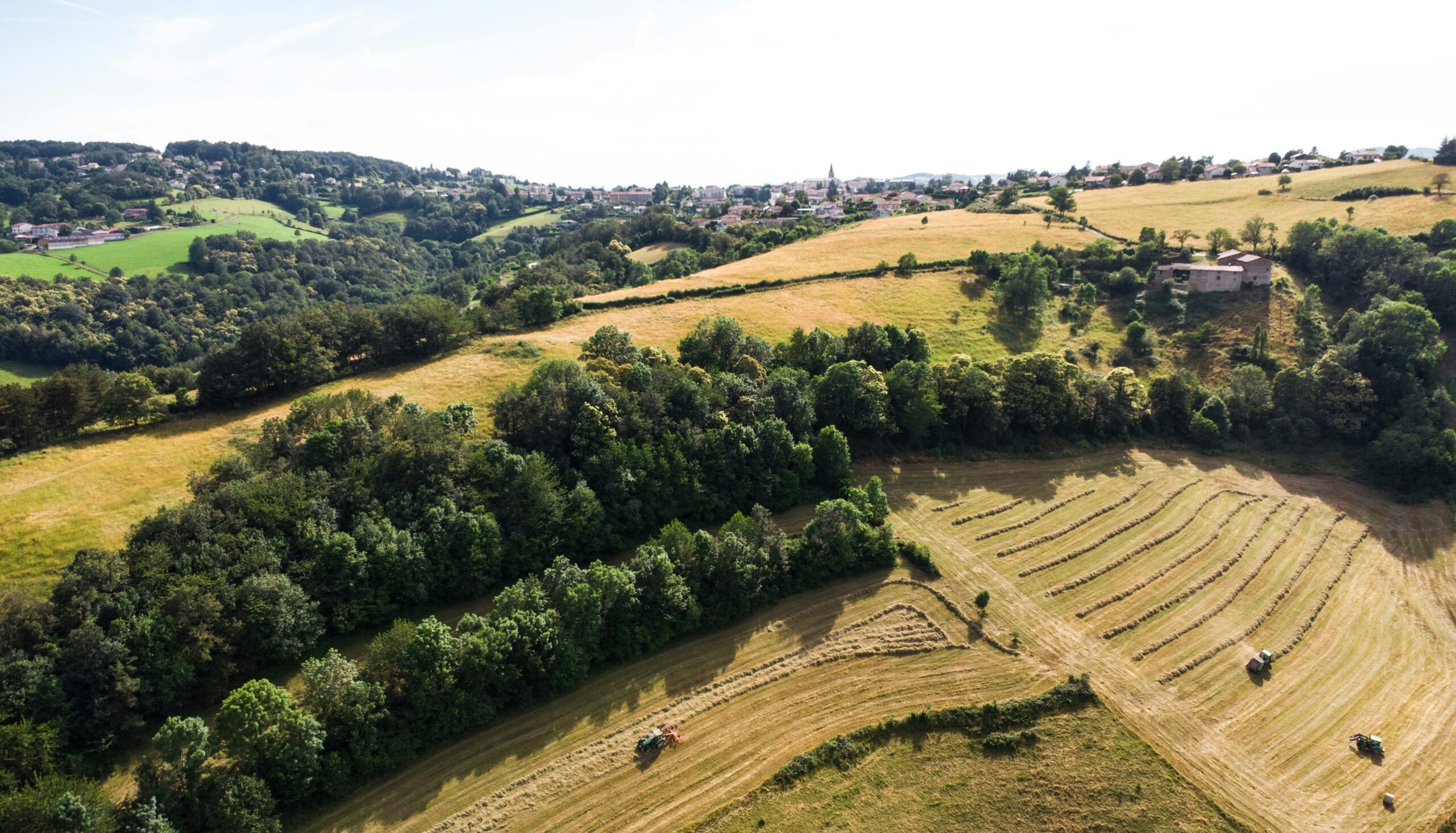 Aerial view of a lush, rolling landscape with fields and forests surrounding a small village. The scene captures the tranquility and natural beauty of the countryside under a clear sky.