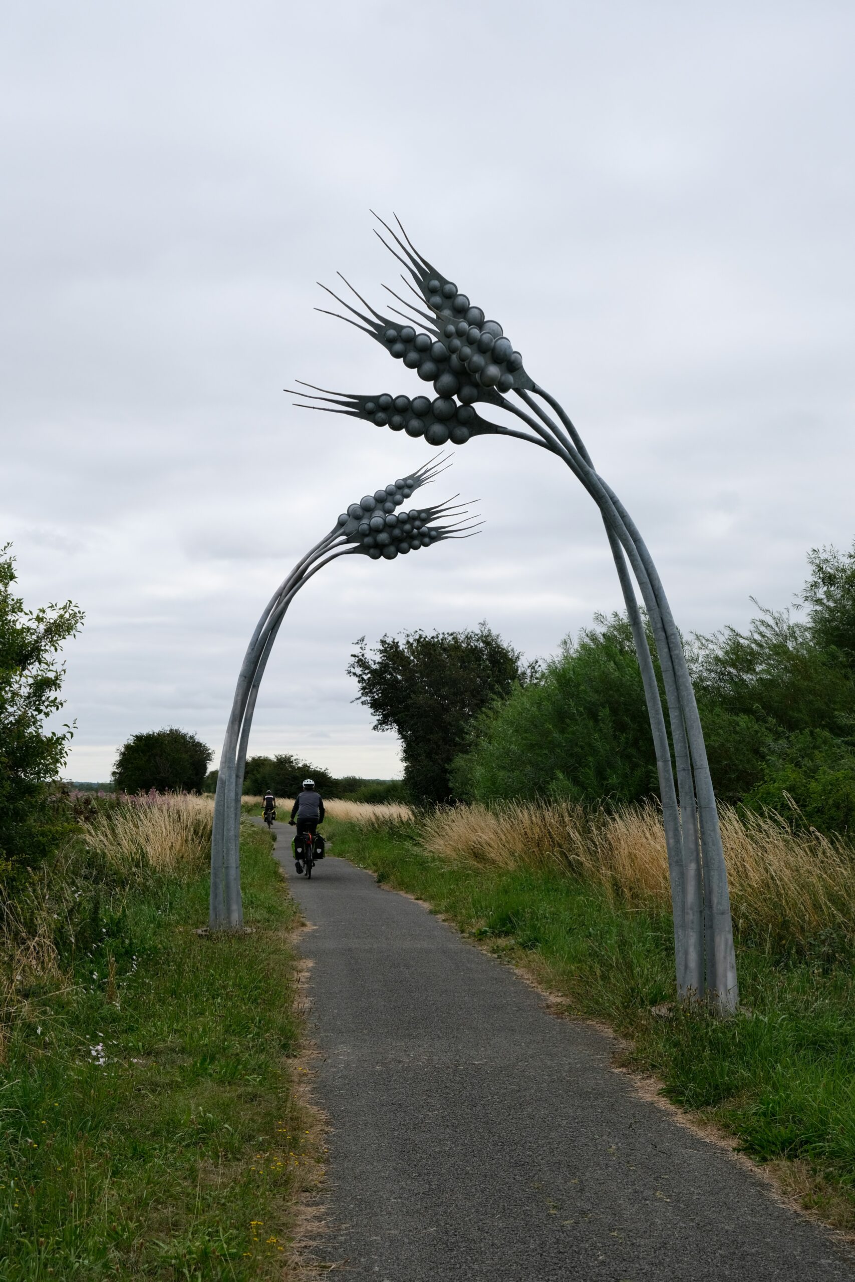 The image shows a sculpture of large wheat stalks arching over a pathway in a rural setting within Lincolnshire fields.. The path is bordered by grass and trees, and a cyclist is seen riding along it.